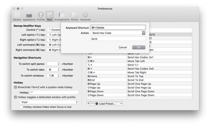 screenshot of command-delete settings